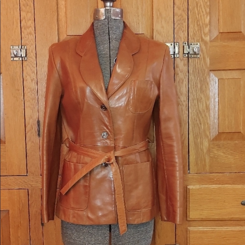 Vintage 70s Burman's Leather Experts brown leather belted jacket